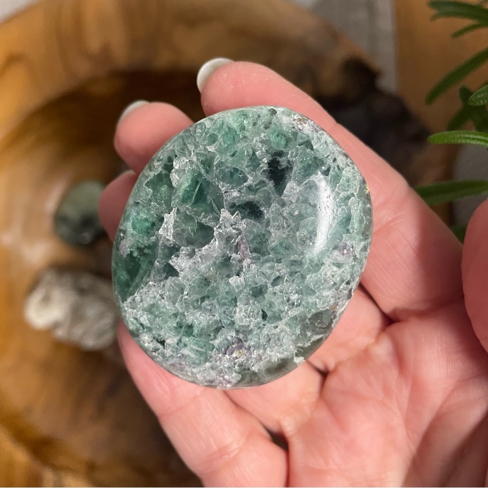 Green and purple fluorite Crystal Palm Stone